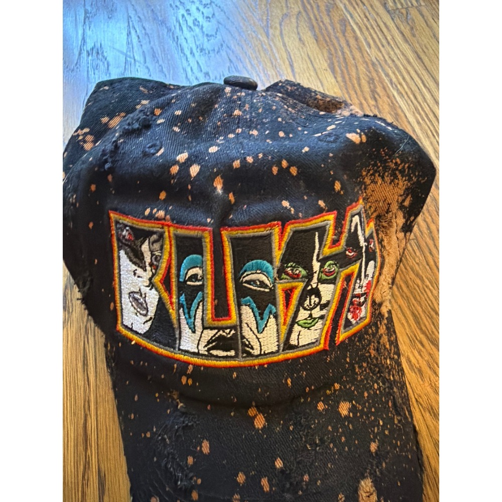 KISS Band Distressed Bleach Splatter Baseball Hat Black Orange Luxury Headwear - Picture 2 of 7